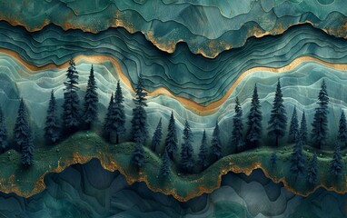 Etherreal Fantasy Mountainscape in Jade and Aqua With Golden Contours and Highlights Including Coniferous Pine Tree Forests