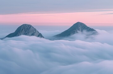 Photograph of two mountain peaks emerging from the clouds 