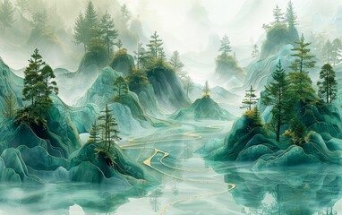 Fototapeta premium Etherreal Fantasy Mountainscape in Jade and Aqua With Golden Contours and Highlights Including Coniferous Pine Tree Forests