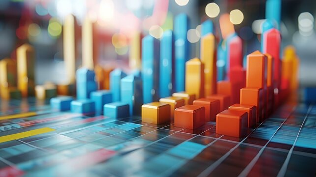Data visualization. Multicolored 3D bar graph. Abstract background with bokeh effect.
