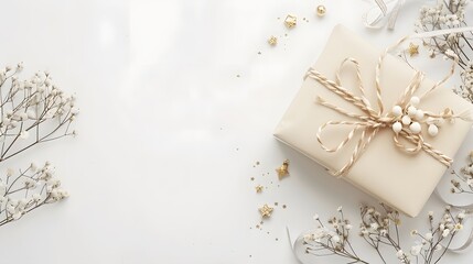 a decorated gift box, elegantly wrapped and adorned with minimalist embellishments, set against a pristine white background for a timeless appeal.