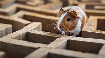 Guinea pig in a wooden maze looking for the exit.