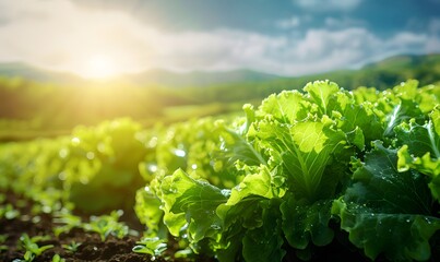 Beautiful green lettuce growing in the field with a blurred farm background and sunlight. A close up photograph of healthy salad leaves