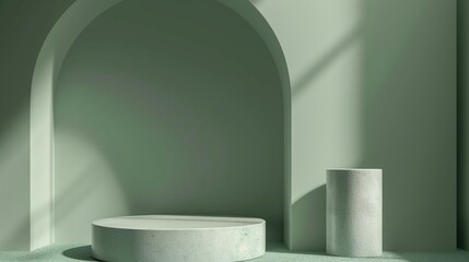 Abstract minimal scene with geometrical form. Cylinder podium on green background. Abstract background. Scene to show cosmetic podructs. Showcase, display case. 3d