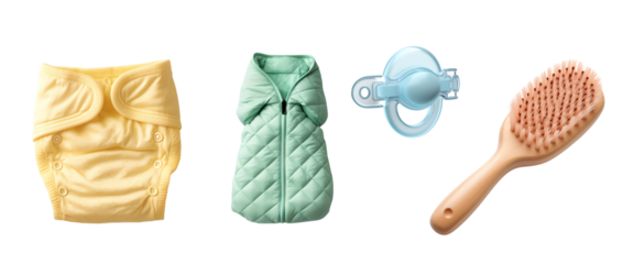 Baby care items including diapers, a pacifier, a hairbrush and a baby clothes.