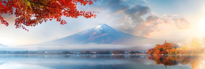 Colorful Autumn: Mount Fuji, Morning Fog, and Red Leaves at Lake Kawaguchiko, Generative Ai