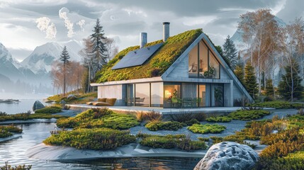 Modern lakeside house with solar panels and green roof.