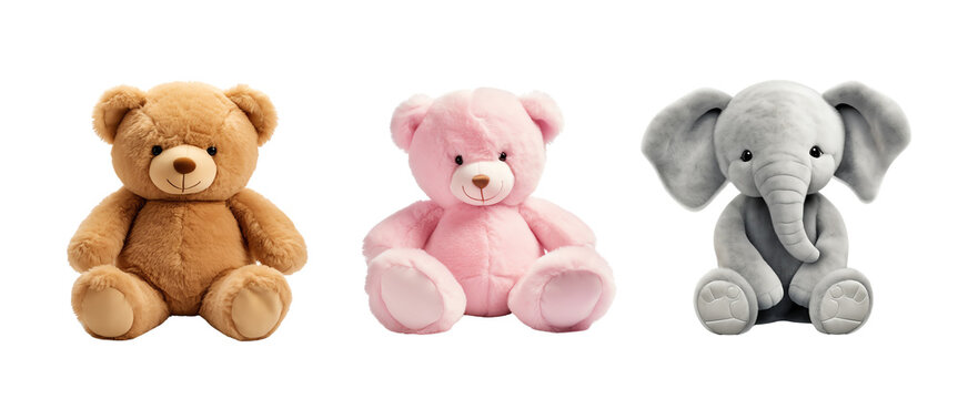 Three cute and cuddly stuffed animals. A brown bear, a pink bear, and a gray elephant.