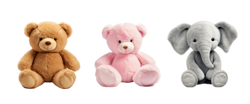 Three cute and cuddly stuffed animals. A brown bear, a pink bear, and a gray elephant.