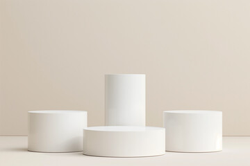 Simple white podium for the presentation of the product. beige background. Minimal. 3D rendering. Pedestals.