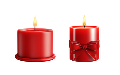 Two red candles on a transparent background. One candle is decorated with a red ribbon.