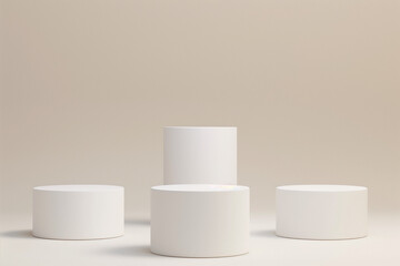 Simple white podium for the presentation of the product. beige background. Minimal. 3D rendering. Pedestals.