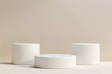 Simple white podium for the presentation of the product. beige background. Minimal. 3D rendering. Pedestals.