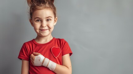 A young girl in a bright red T shirt proudly shows off a bandaged hand adorned with a red heart patch after donating blood against a simple gray backdrop Room for text available - Powered by Adobe