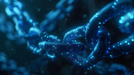 A blue digital chain with an animated digital data stream, symbolizing the interconnected nature of blockchain technology and its impact on financial recording. 
