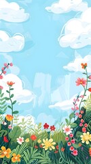 Fototapeta premium Lush Green Meadow with Blooming Flowers and Peaceful Sky Above