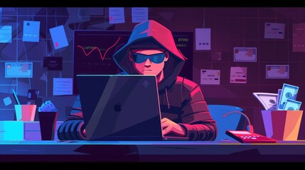 Cyber thief breaks laptop and steals money, credit card details. Hacked lock and bad antivirus. 