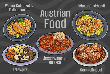 Popular Austrian National Cuisine Set. Hand-drawn vector illustration on a dark background.