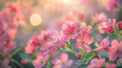 Delicate pink flowers blooming in the sunlight, with blurred greenery and bokeh background creating an enchanting garden scene.
