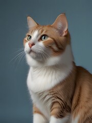 A Japanese Bobtail cat is sitting on a blue background. AI generated image