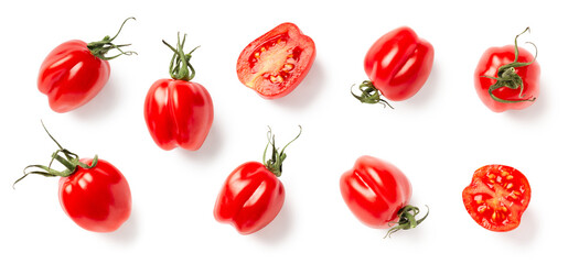 set of small vine tomatoes, whole and sliced in half, isolated over a transparent background, cherry tomato food, healthy nutrition / diet, vegetable, cooking or gardening design elements, PNG