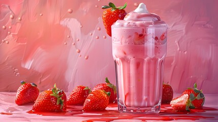 A glass of strawberry milkshake on a pink background, with strawberries around it. The drink is made from fresh strawberries and milk
