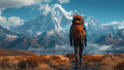 Obraz premium Against a backdrop of snow-capped peaks, a hiker pauses to take in the breathtaking view spread out before them. In the serenity of the mountains, time seems to stand still.