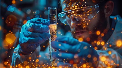 Scientist carefully pipetting DNA samples into a glass flask, capturing the intricate dance of molecules under the microscope. A vivid swirl of colorful compounds reacting within the confines