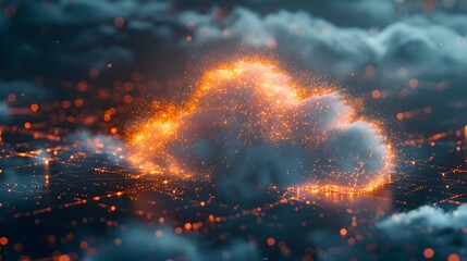 A glowing cloud symbolizing the idea of data in the clouds, surrounded in the style of network connections representing various digital devices connected to it. 
