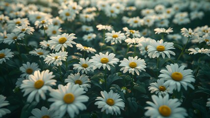 A large field of white daisies, with the petals and yellow center flower heads creating an abundant effect. 
