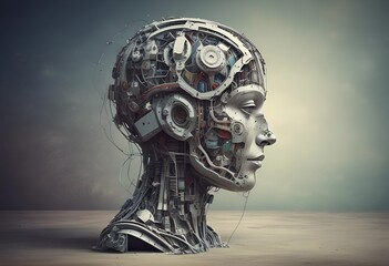 a surreal depiction of male artificial intelligence, side view