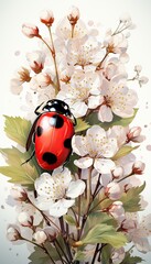 A cute ladybug sitting on a green leaf with spring flowers, Watercolor