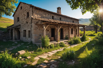 Obraz premium House against natural landscape. A house sits in the middle of a green field under a clear blue sky.