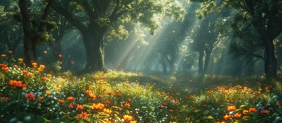 Fantasy forest with giant trees, flowers and plants, magical path through the green woods, fantasy landscape. Enchanted world of fairy tale, cinematic lighting, wide angle.