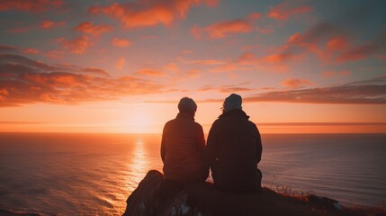 An elderly couple sitting on the edge overlooking the sea, watching the sunset, a beautiful sky with hues of orange and pink, creating a serene atmosphere.
