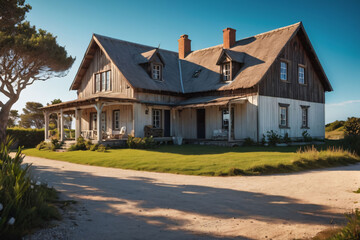 House against natural landscape. A  house sits in the middle of a green field under a clear blue sky.