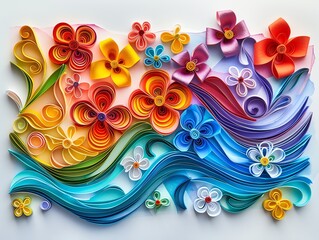 Handcrafted rainbow greeting cards with intricate paper quilling designs on a textured background