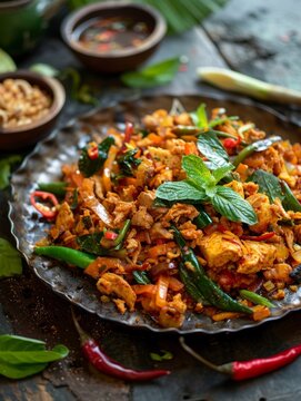 Sri Lankan kottu, chopped roti stir-fried with vegetables and chicken, served on a metal plate. A flavorful and traditional dish from Sri Lanka.