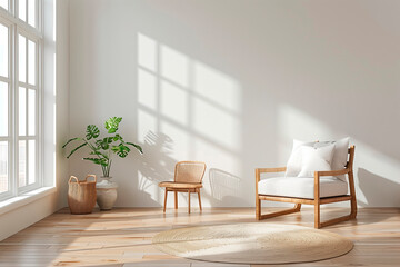 Minimalist and modern home interior design White armchair in a living room with white walls and wooden floor, light comes in through the windows. Copy space