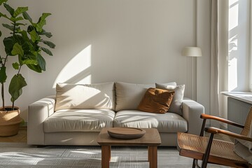Minimal and modern home interior design. White couch in a cozy living room with white walls, a plant and a wooden coffee table in front of the sofa, light comes in through the windows