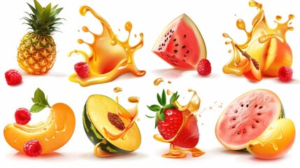 Juicy and fresh fruit. Peach, strawberry, raspberry, pineapple, watermelon. Juice splash. 3d vector realistic set. High quality 50mb eps 