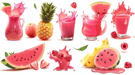 Juicy and fresh fruit. Watermelon, pineapple, raspberry, tea. Dew drops and splash. 3d vector...