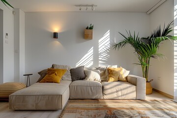 Minimalist and modern home interior design. Beige chaiselongue sofa with beige and yellow pillows and a big palm in a living room with white walls