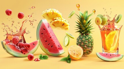 Juicy and fresh fruit. Watermelon, pineapple, raspberry, tea. Dew drops and splash. 3d vector...