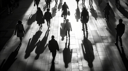 Shadows of people walking at different speeds, illustrating the relativity of time perception, black and white © OHMAl2T