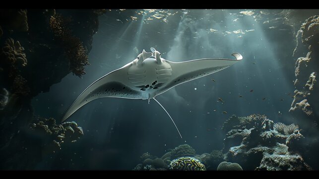 keindahan bawah laut dengan ikan pari manta yang berenang bebas