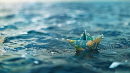A paper boat representing Earth sails on the vast ocean embodying themes of faith and religion