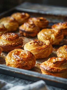 Maltesian pastizzi on a baking sheet, freshly baked with a ricotta or pea filling. A traditional and savory pastry from Malta.
