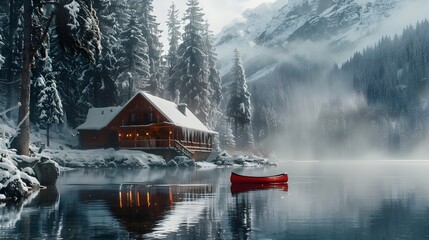 Fototapeta premium Cozy cabin nestled in the snowy mountains, surrounded by tall pine trees and reflecting on calm waters with red canoe floating nearby
