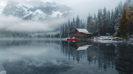 Obraz premium Cozy cabin nestled in the snowy mountains, surrounded by tall pine trees and reflecting on calm waters with red canoe floating nearby